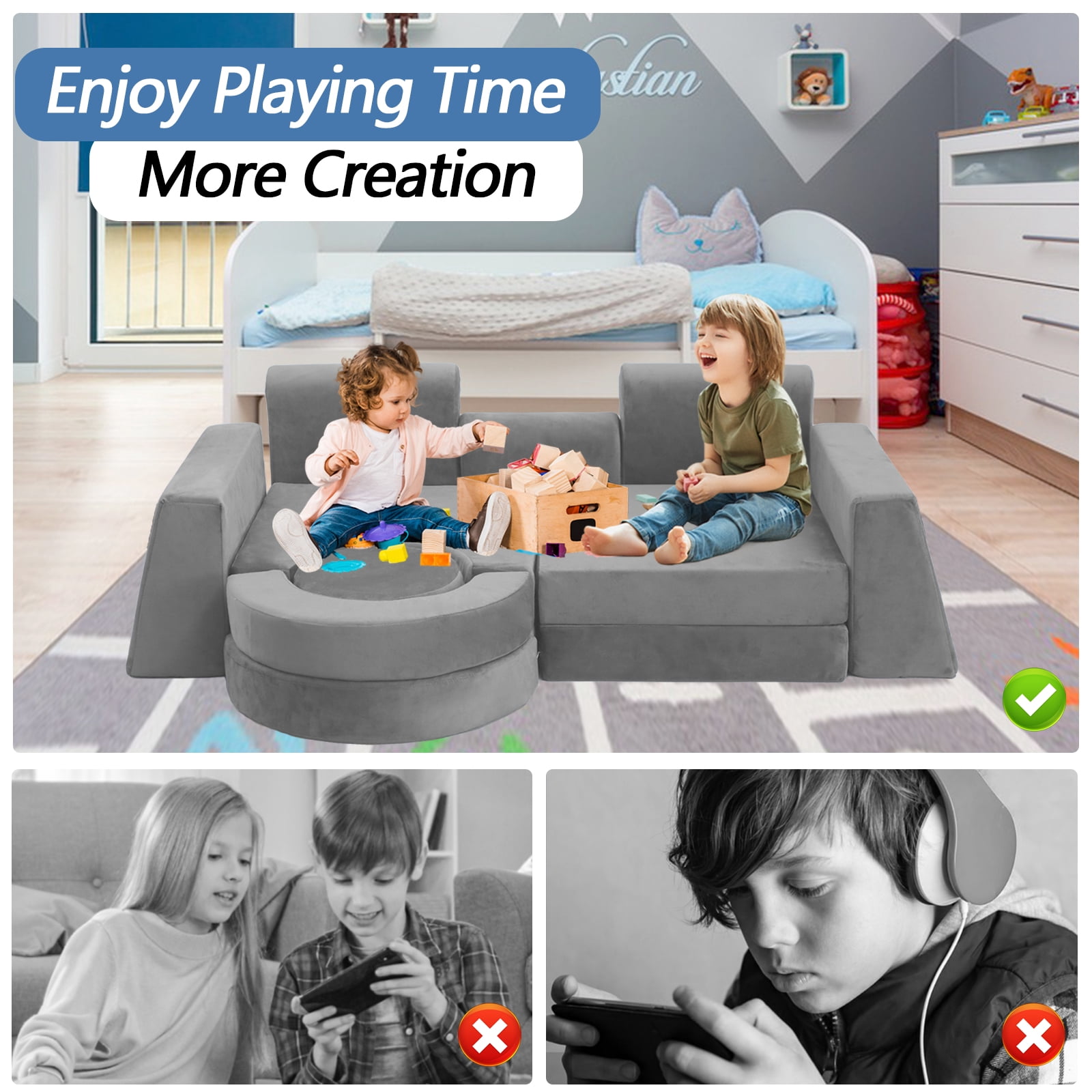 FKS LIFE 13pcs Modular Kids Play Couch, Children Sectional Sofa