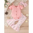 thumbnail image 2 of Bagilaanoe 3pcs Newborn Baby Girl Long Pants Set Short Sleeve Cold Shoulder Romper Tops + Flare Trousers + Headband 3M 6M 12M 18M 24M Infant Casual Outfits, 2 of 9