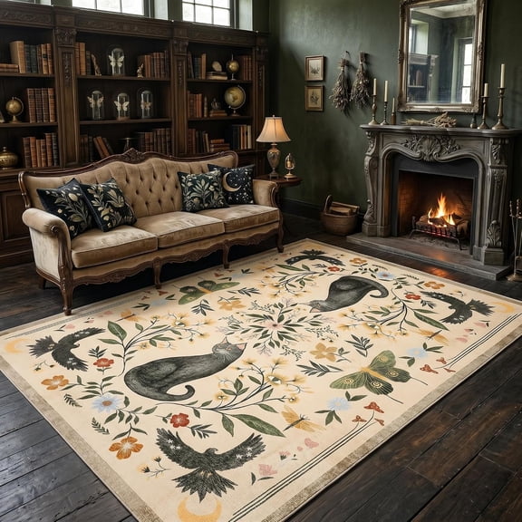 8x10 Ft Washable Non Slip Low Pile Area Rug for Living Room Abstract Cat Floral Design Beige