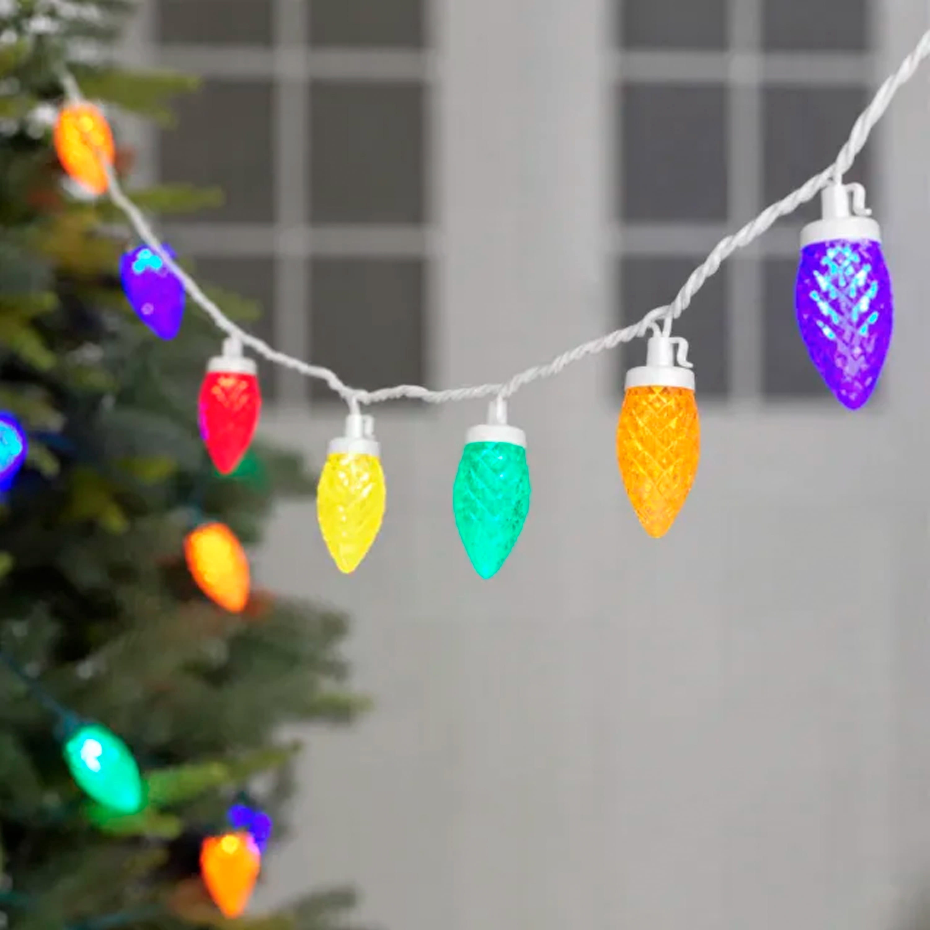 Indoor/Outdoor 100-Count LED Diamond-Cut C9 Christmas String Lights, Multicolor, White Wire, 58.5', Holiday Time