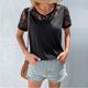 thumbnail image 3 of Moda de las mujeres de Manga Corta Camiseta de Encaje de Empalme Cuello Redondo Atractivo Agradable A La Piel Femenina T Shirt Top Negro S, 3 of 8