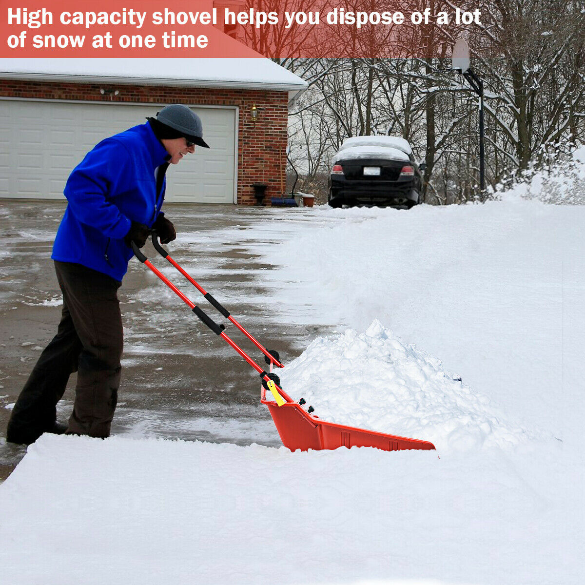 Gymax Folding Snow Pusher Scoop Shovel w/ Wheels Snow Removal Tool - image 5 of 10