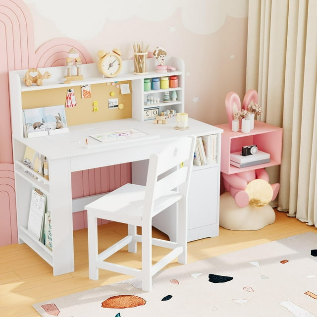 Study Desk with Chair,Wooden Study Table, Desk & Chair Sets with Hutch and Storage Cabinet, Writing Desk Computer Workstation for Bedroom & Study Room