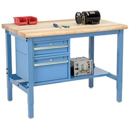

72 x 36 in. Production Workbench - Maple Butcher Block Safety Edge with Drawers & Shelf Blue