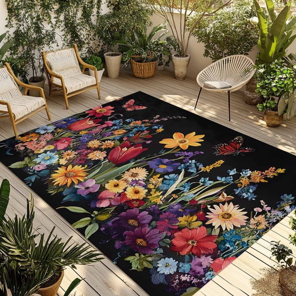 Fsddascl Spring Colorful Floral Outdoor Rug for Patio/Deck/Porch, Non-Slip Large Area Rug 4 x 6 Ft, Flowers Black Indoor Outdoor Rugs Washable Area Rugs, Reversible Camping Rug Carpet Runner