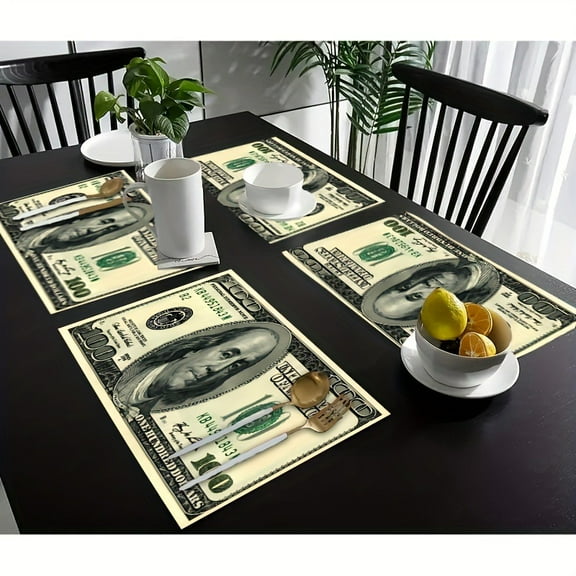 Money Placemats Set of 4 Table Mats Hundred Dollar Bill Tableware Place Mats for Home Kitchen Party Dining Decor, Non-Slip Heat-Resistant Washable