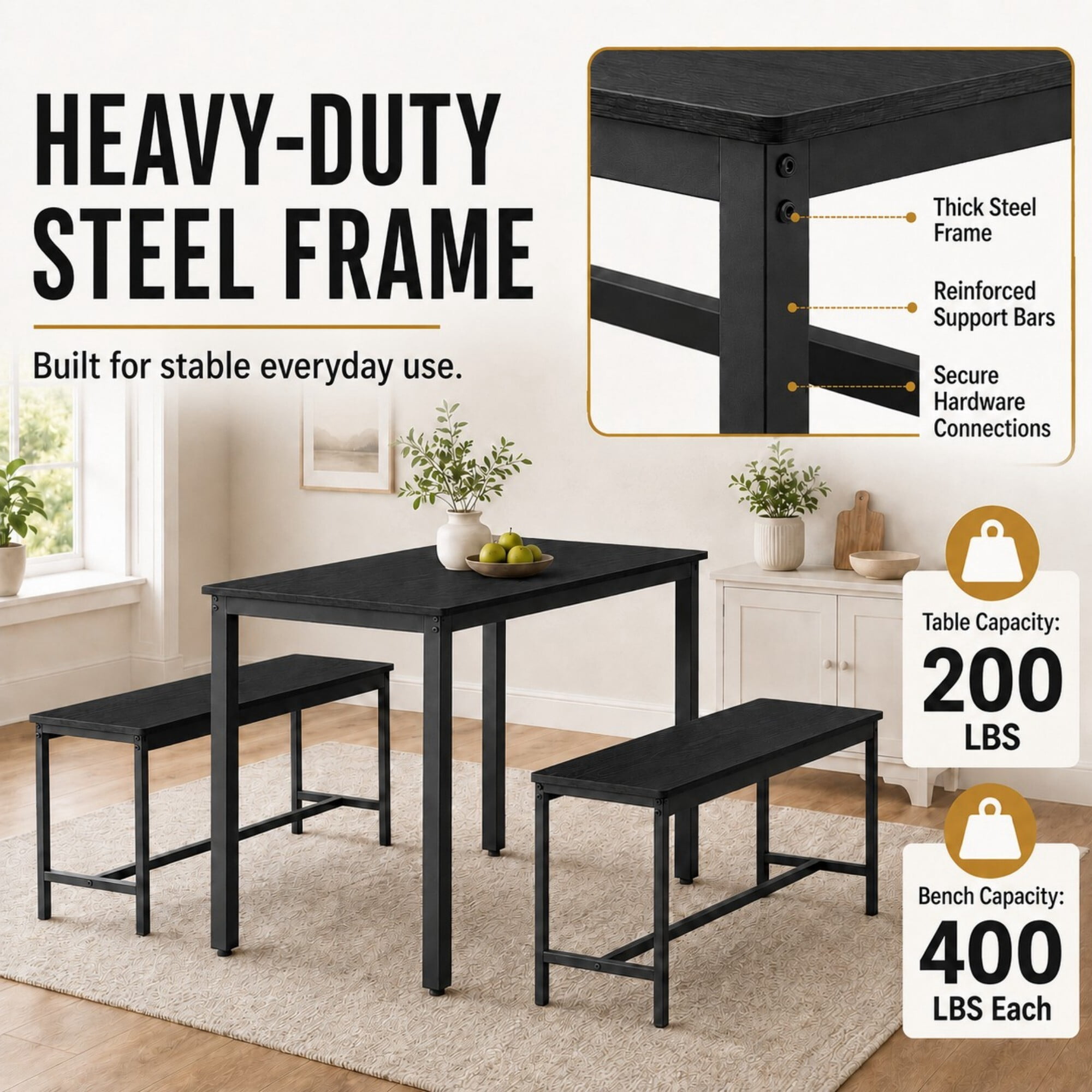DEALTOPS 3-Piece Industrial Dining Table Set with 2 Benches – Compact Kitchen & Small Space Furniture, Black