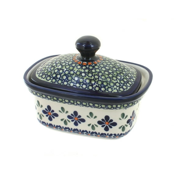 Blue Rose Polish Pottery Mosaic Flower Butter Tub