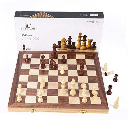 Juegos de ajedrez Lifechamp para adultos y niños con tablero de juego de madera plegable grande de 15 pulgadas y almacenamiento para las piezas de ajedrez de madera hechas a mano LifeChamp 655971592476