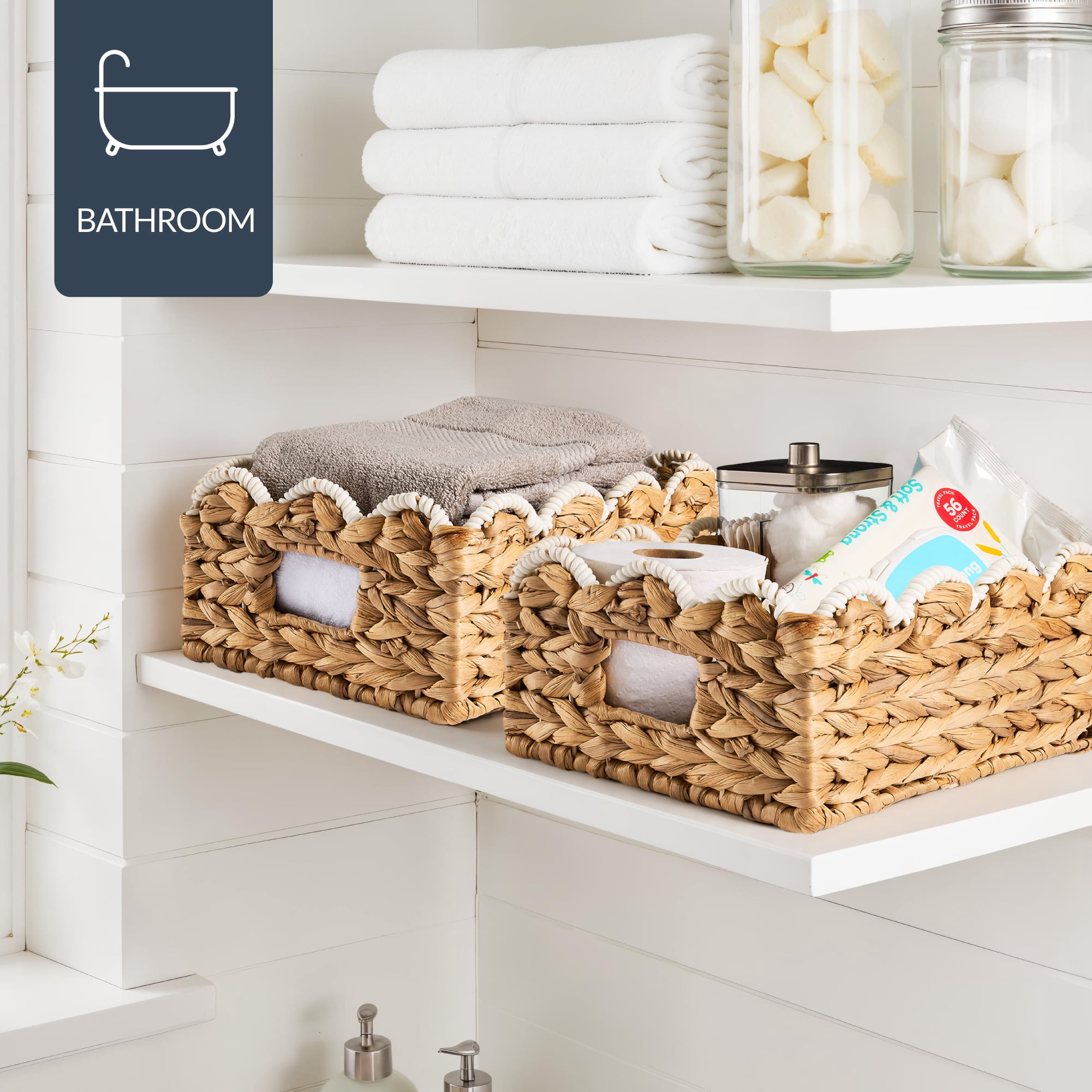 Best Choice Products 9x12 Scalloped Shelf Baskets, Woven Storage Bins, 4 Pack - Natural with White Trim