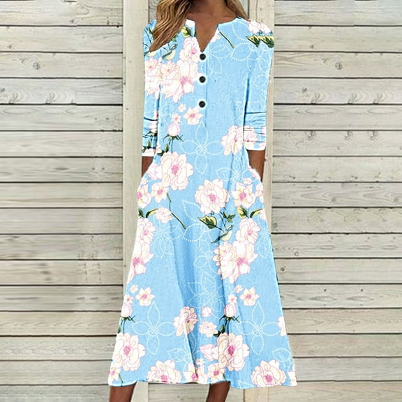 AOOCHASLIY Ladies Dress Fashion Women's Summer Short Sleeve Casual Round Neck Printing Pockets Dress