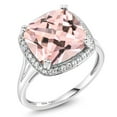 thumbnail image 3 of Gem Stone King 10K White Gold Peach Nano Morganite and White Created Sapphire Ring for Women (7.76 Cttw, Cushion 12MM, Size 5 to 9), 3 of 5