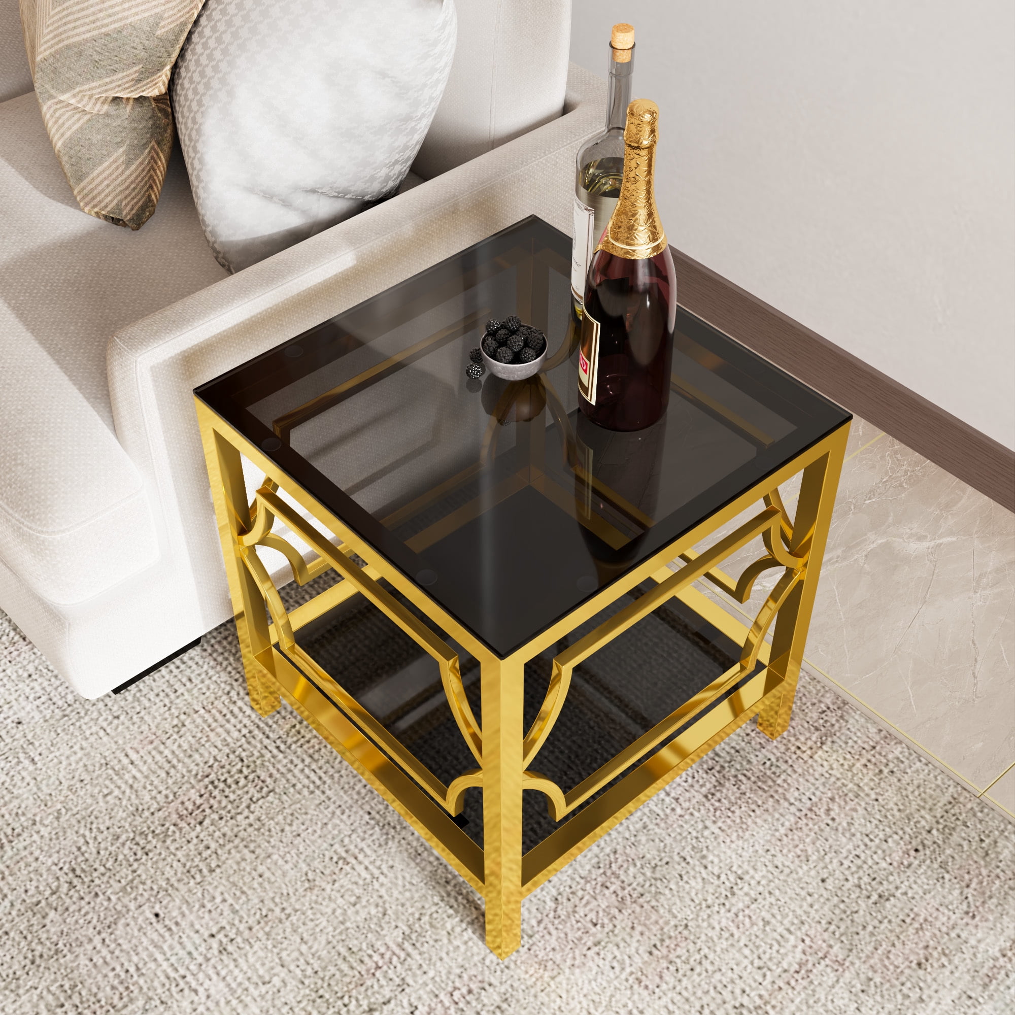 19.7" Round Side Table with Tempered Glass Top, 2-Tier Storage Shelf Modern Small End Table with Metal Frame, Sofa Side Accent Table