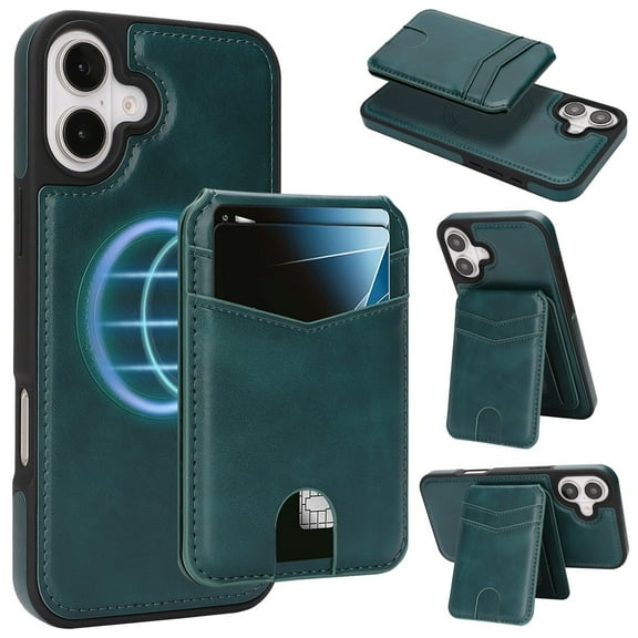 Allytechgroup 2 in 1 Wallet Case for Apple iPhone 16, Detachable Magnetic Cards Holder RFID Blocking [Compatible with Magsafe] Drop Protective Lightweight Phone Case for Women Men,Green
