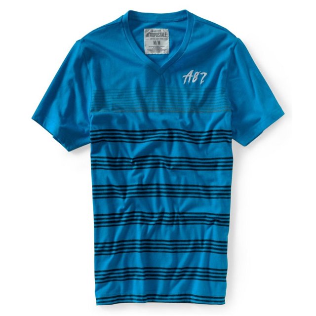 Camiseta gráfica A87 Aeropostale Cuello en V Rayas Azul Talla Mediana