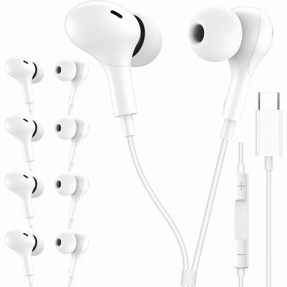 5 Pack TTech Type C Wired Headphones USB-C Earbuds Earphones Compatible with iPhone 16 Pro Max / 16 Pro / 16 Plus / for Samsung Galaxy S24/S23/S22/S21 Ultra, Google Pixel 8/7/6/6a, White