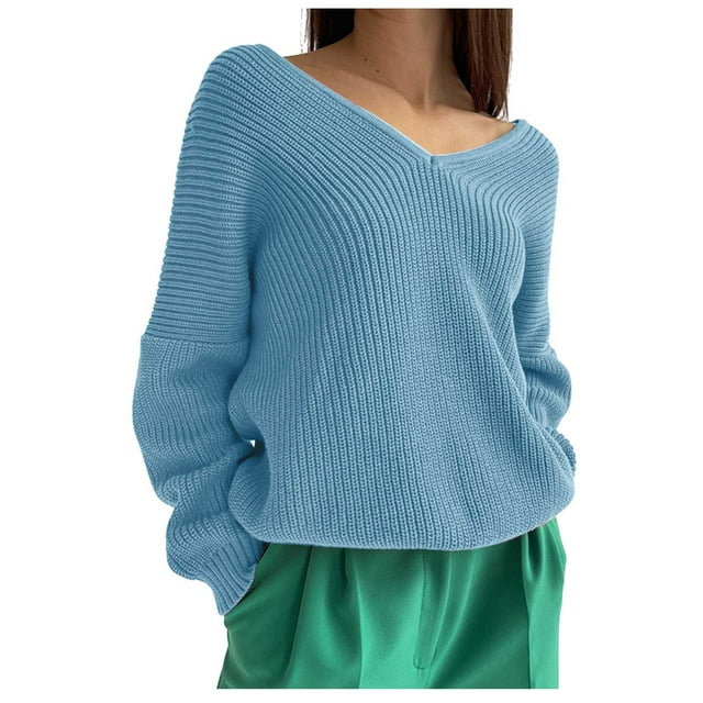 Qertyioot Chandails à Col en V pour Femmes Mode Automne Chandail Tricoté à Manches Longues Décontracté Uni