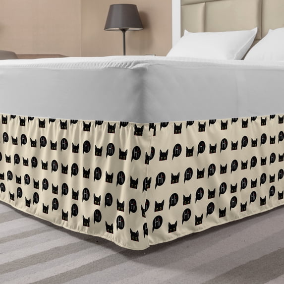 Cat Bed Skirt, Young Black Kitties Sneaking on and Saying Hi and Playful Domestic Pets, Elastic Bedskirt Dust Ruffle Wrap Around for Bedding Decor, 4 Sizes, Ivory Black Ruby, by Ambesonne