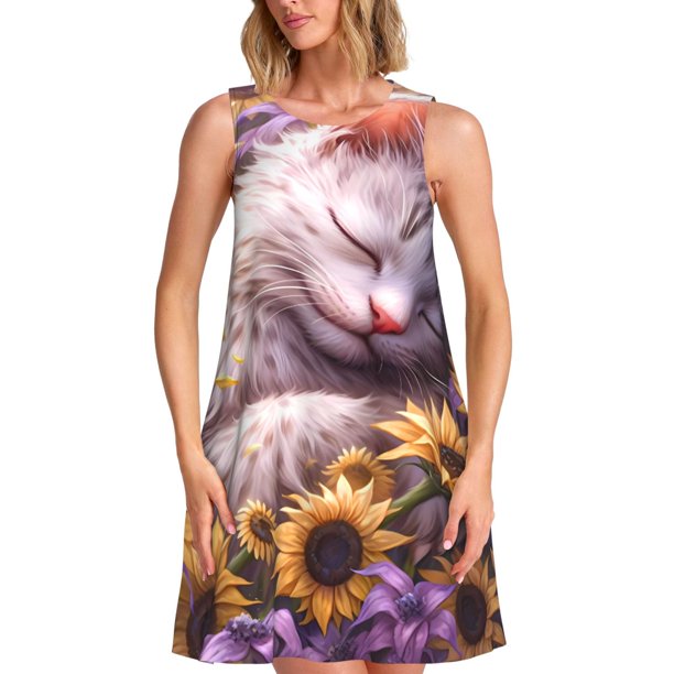 Easygdp Warm Sunflower Sleeping Cat para Vestido Transpirable de Mujer, Vestido Suelto de Manga Corta con Pliegues y Bolsillos para el Verano