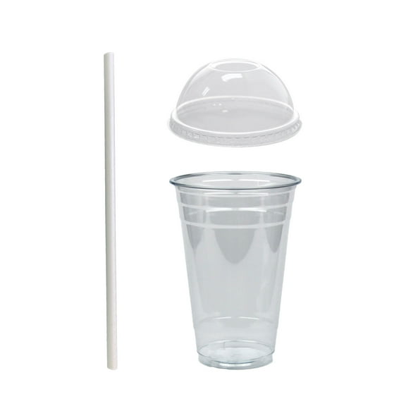 20oz Crystal Clear Plastic Cups With Dome Lids and White Paper Straws (200 Sets)