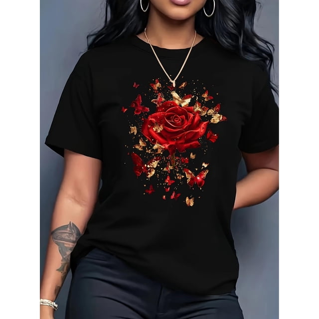 T-Shirt Imprimé Floral Rouge Rose & Papillon pour Femmes, Col Rond Décontracté, Manches Courtes, Tricoté, Longueur Régulière, Toutes Saisons - Tee 100 % Coton pour Adultes, Hommes, Femmes, Adolescents, Adolescents, Jeunes