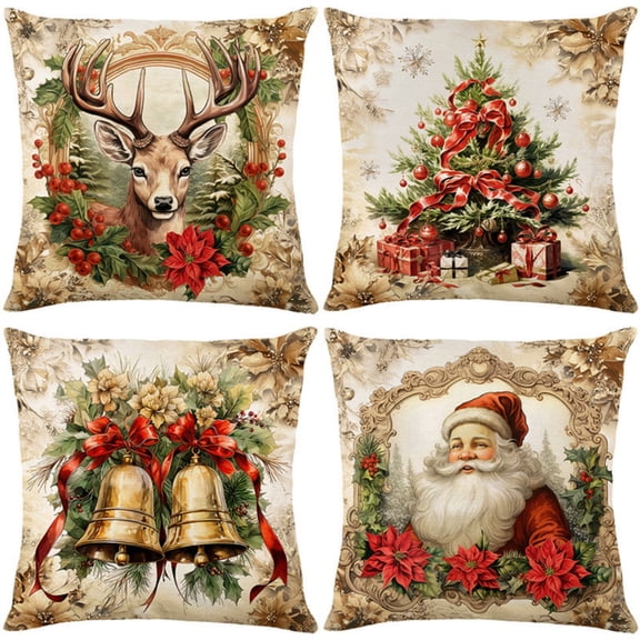 PEIBang Christmas Throw Pillow Covers Set of 4,Winter Holiday Decorative Pillowcase Reindeer Bell Christmas Tree Santa Farmhouse Home Decor for Sofa Couch Cushion