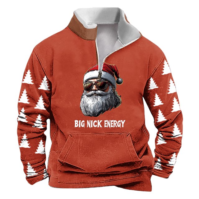Sudadera sin capucha para hombre, de invierno, con cuello alto, cremallera, estampado navideño, jersey de manga larga, sudadera con capucha, blusa de poliéster para hombre