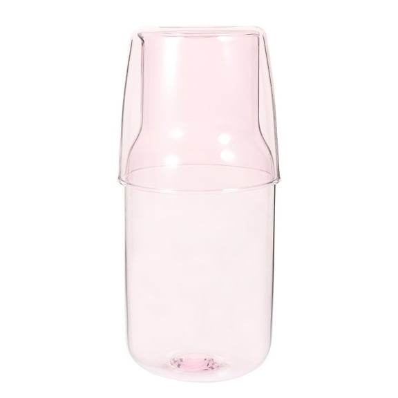 1 Set Bedside Water Carafe and Glass, 520ML Clear Glass Bottle with Cup for Nightstand, Bathroom, Juice Pitcher (Pink)