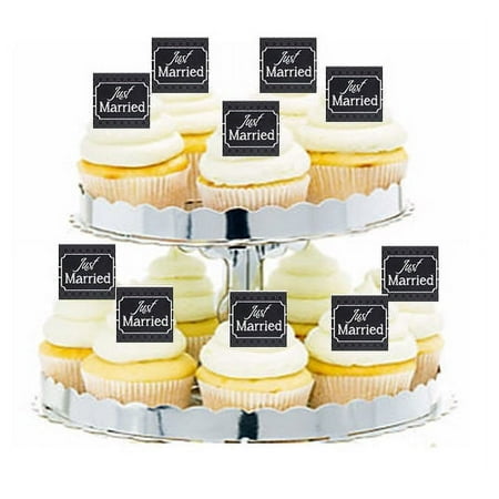 24pk Vintage Black Chalkboard Just Married Style 2 Edible Cupcake Decoration Topper Picks