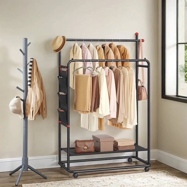 LEDREM Double-Rod Rolling Clothes Rack , Mobile Garment Rack with Storage Shelf & 3-Pocket Bag, 360° Wheels with Brakes, Ink Black