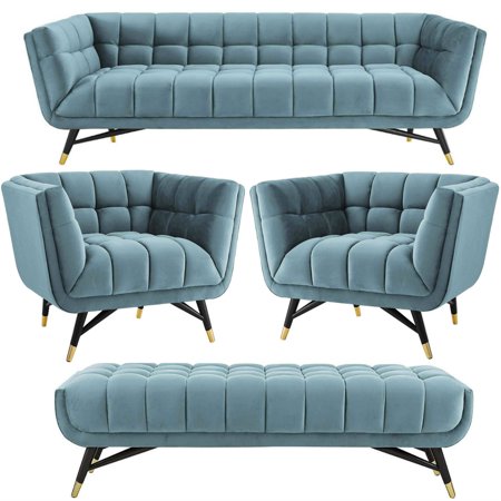 Modway Adept Contemporary Mid-Century Modern Velvet Fabric Upholstered Tufted Sofa  Accent Bench and 2 set of Arm Lounge Chair In Sea Blue