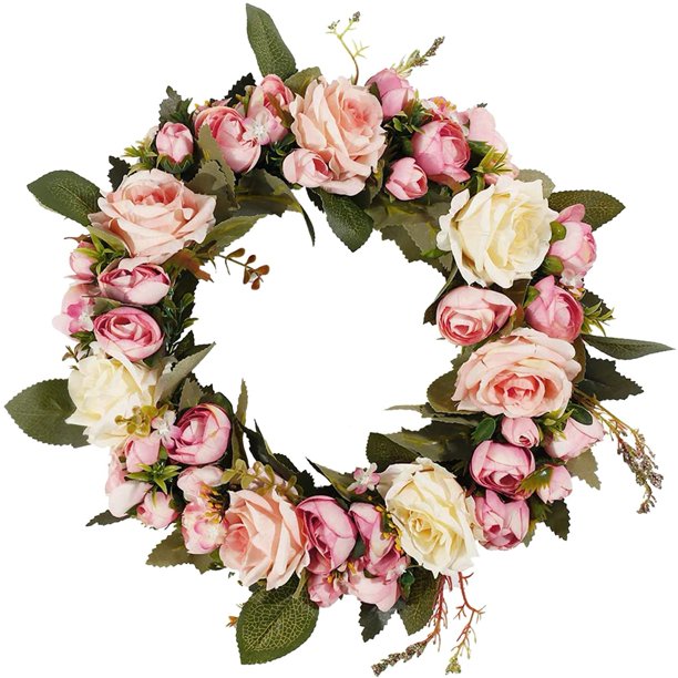 Rosario artificial, corona, corona, corona de primavera rosa, rosas de seda, flores artificiales para decoración, Navidad, boda, cumpleaños, chimenea, interior y exterior, decoración de pared Xemadio HFP-0541-1