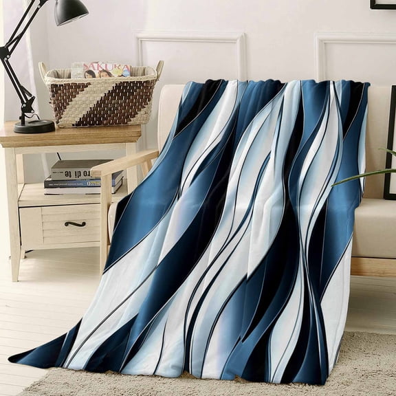 Fleece Blanket Navy Blue Gradient Stripes Blankets, Soft Cozy Warm Flannel Throw Blanket, Twist Abstract Line Blanket for Bed Couch Sofa,40x50In