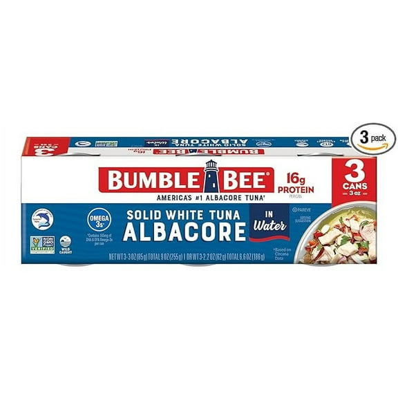 Bumble Bee Solid White Albacore Tuna in Water, 3 oz Can (Pack of 3) - Wild Caught Tuna - 16g Protein per Serving, High in Omega-3s - Non-GMO Project Verified, Gluten Free, Kosher