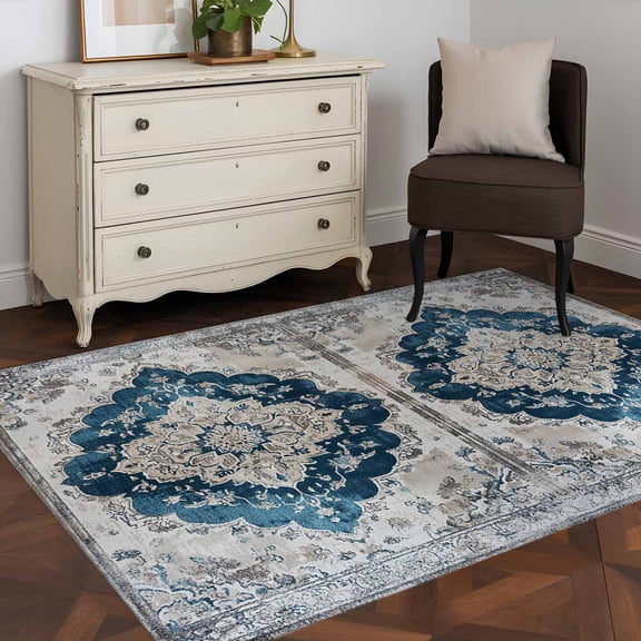 3'x5' Area Rugs, Blue Boho Floral Indoor Outdoor Area Rug for Living Room Bedroom, Vintage National Floral Textured Washable Bathroom Rugs Kitchen Floor Carpet Mats Home Decor Aesthetic