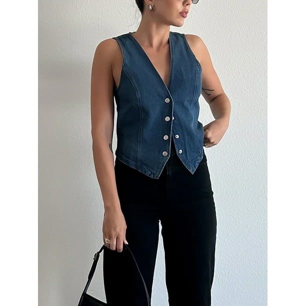 Nituyy Women's Denim Waistcoat Sleeveless V-Neck Tank Tops Single Breasted  Jean Vintage Slim Jackets