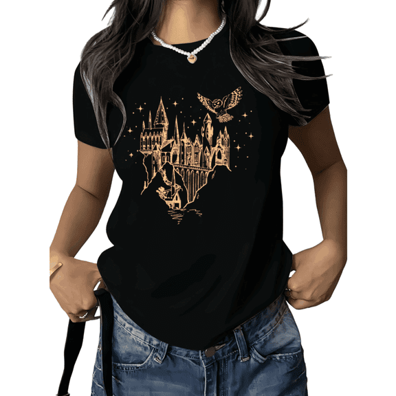 Black Print Tshirt Fantasy Castle Graphic Tees Shirts Magic Night Castle Wizard Style Fantasy Landscape Cotton Tee S 5XL Tops