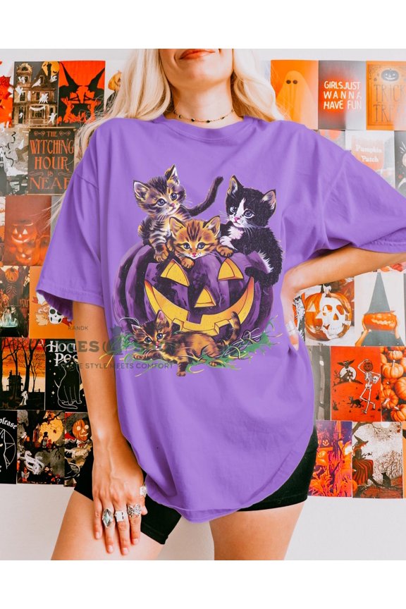 Retro 90S Style Spooky Cat T-Shirt All Size S-3XL