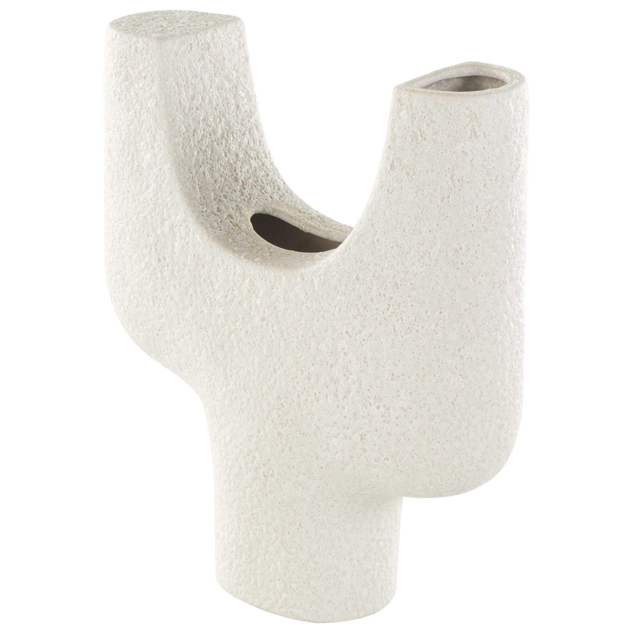 DecMode 14" Abstract Dual Opening U-Shaped White Ceramic Vase with Glossy Speckled Texture
