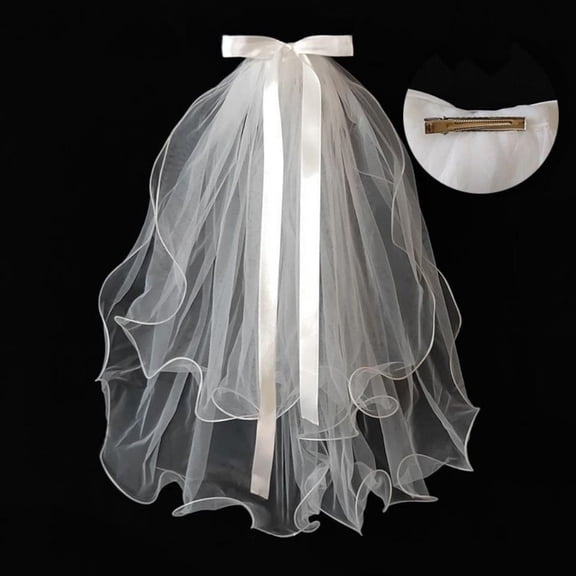 Elegant Double Layer White Mesh Tulle Bridal Veils Hair Clip Princess Headdress Veil With Bow Ribbon Wedding Party Bridal Headwear