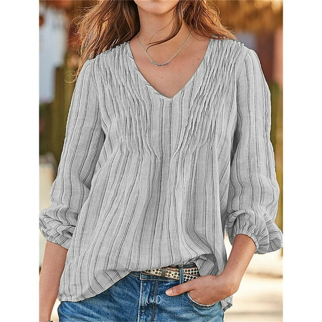 Chemise Femme Rayée Plissée Manches Longues Col en V Blouse Décontractée, Gris, m