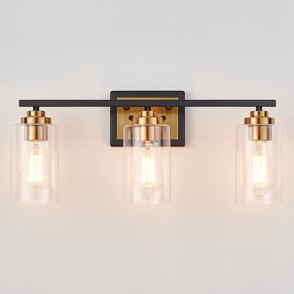 KAWOTI 22" 3-Light Black & Brass Vanity Light with Clear Glass Shade for Bathroom, Wall Mount Vanity Mirror Lighting