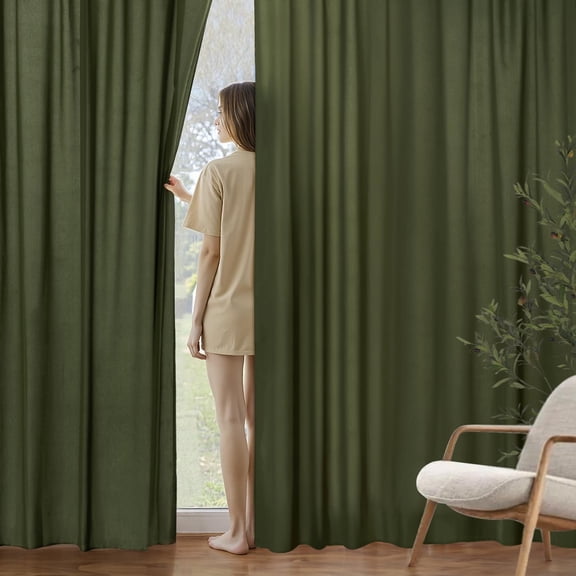 FFHAAD-Olive Green Privacy Sheer Curtains That Let Light in 84 Inches Long Non-See-Through Semi Sheer Curtain Light Filtering Window Curtains Drapes for Living Room Bedroom 2 Panels Set