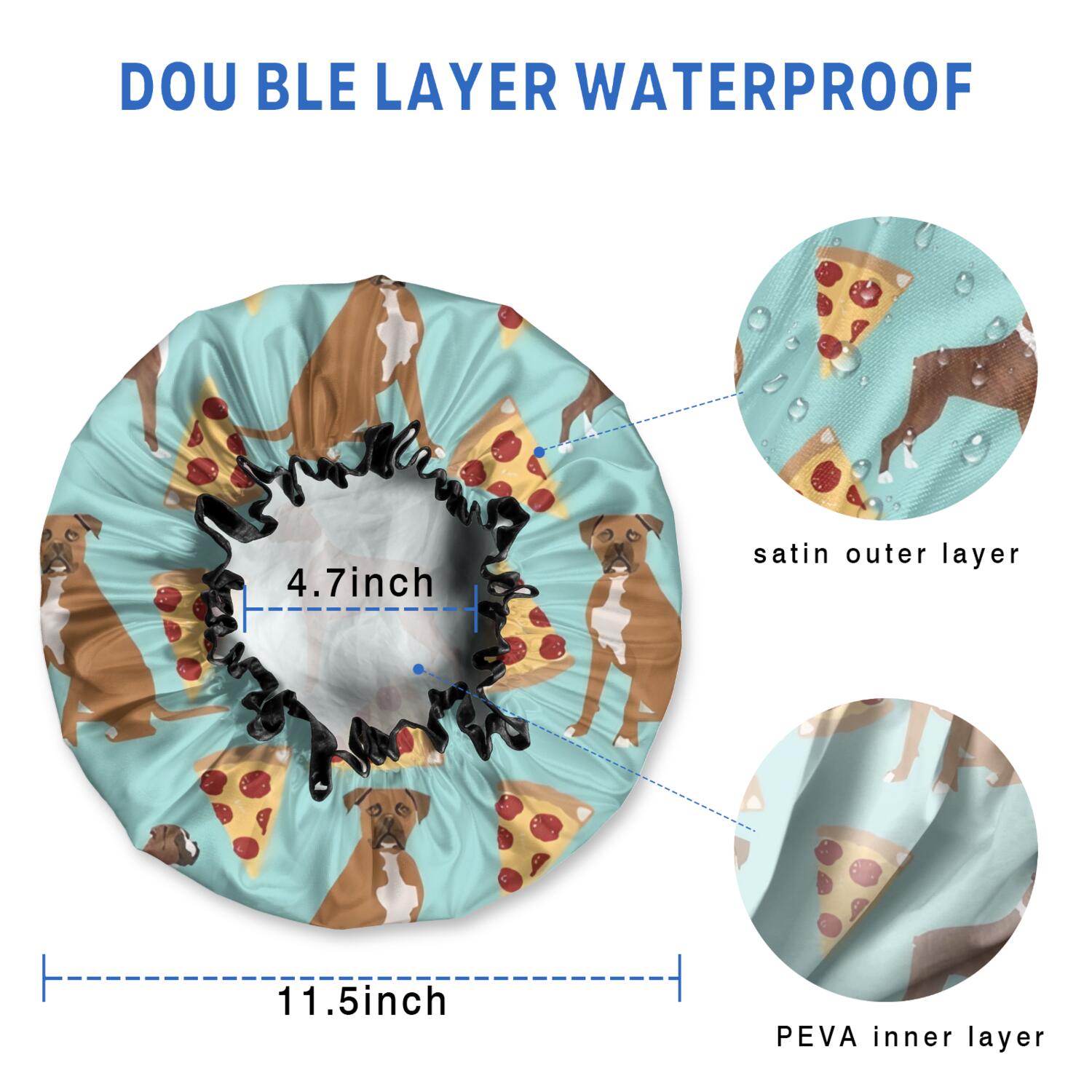 Shower Caps,Boxer Dog Pitbull Terriers Dog and Pizza Waterproof Shower Cap for Women 4 Pieces,Double Reusable Hair Cover for Shower PEVA Elastic Stretch Hem