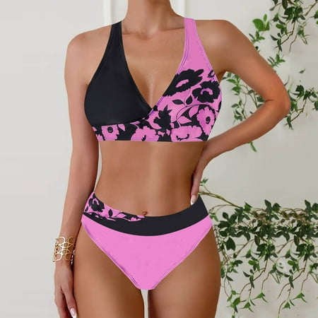 TUGOXIE Pink Womens 2 Piece Swimsuits Bikini Set Floral Adult Swimsuit S