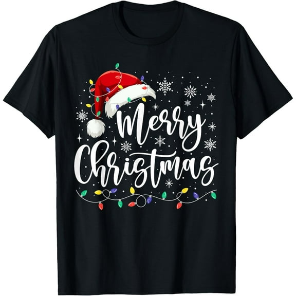 Merry Christmas Lights Red Santa Hat Xmas Family Men Women T-Shirt