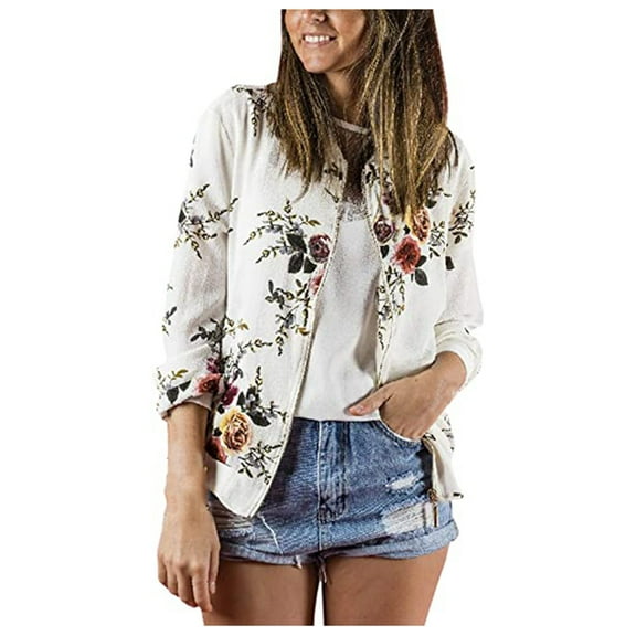 IROINNID Women's Short Zip Up Jacket Round Neckline Floral Print Long Sleeve Ladies Casual Retro Outwear, White