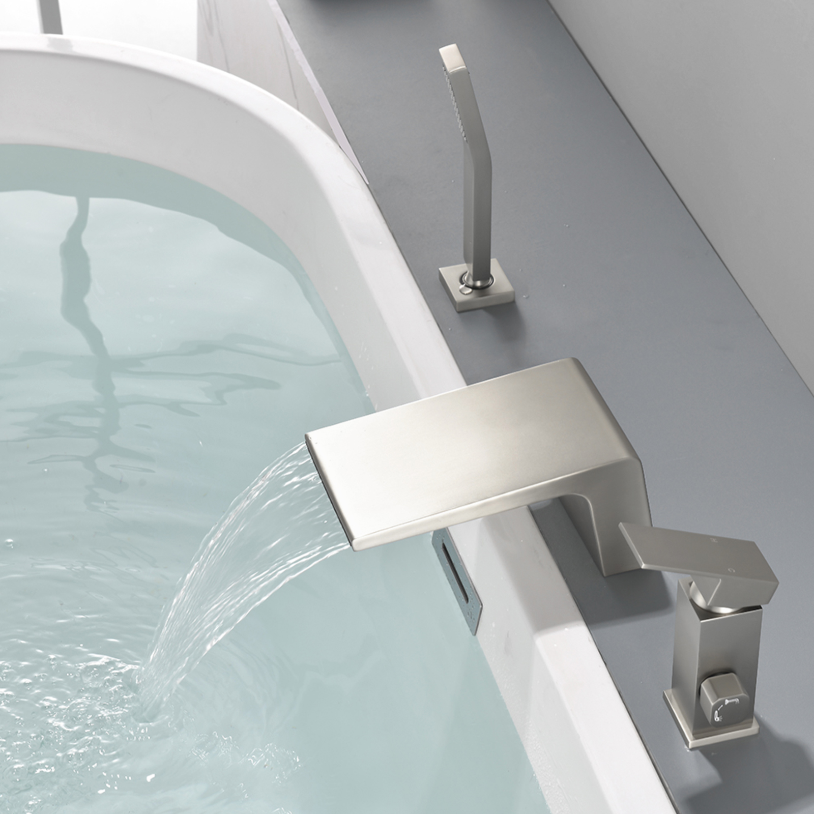 Cobbe Single Handle Bathroom Bathtub Faucet with 3.5-Inch Wide Waterfall Spout and Handheld Shower 3-Hole Deck Mount Brushed Nickel