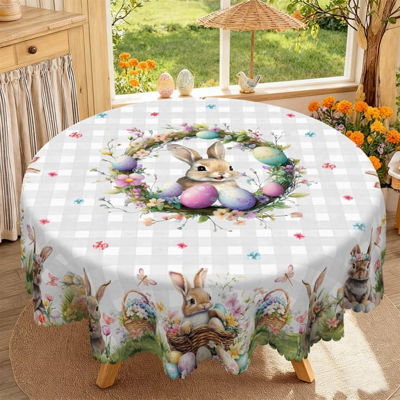 Janvonne Easter Tablecloth- Bunny Floral Wreath Round 60" Spring Egg & Butterfly Tablecloth for Holiday Party, Spring Parties and Kitchen Decor