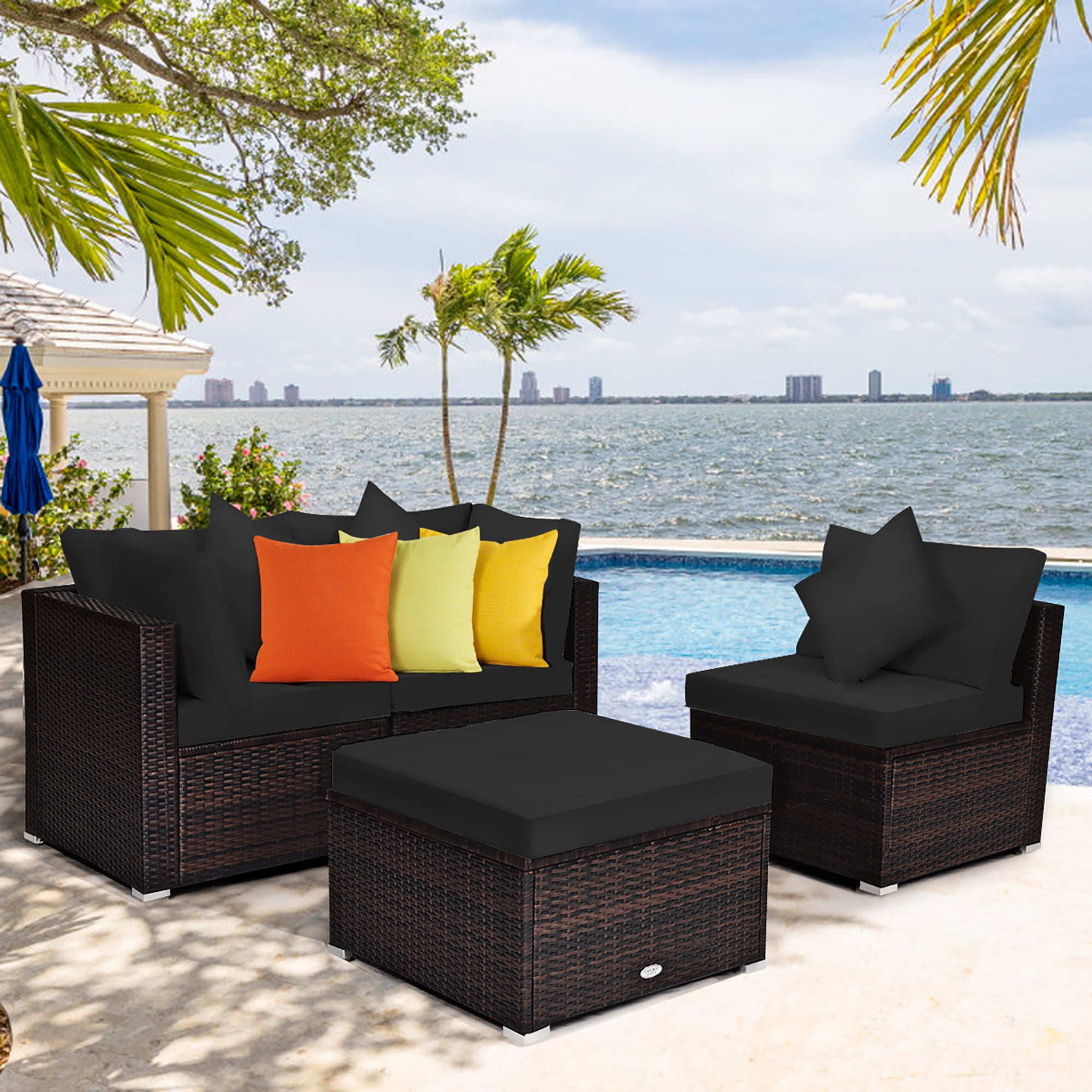 2-4PCs Patio Rattan Wicker Sofa Set Cushined Couch Furniture Outdoor Garden 